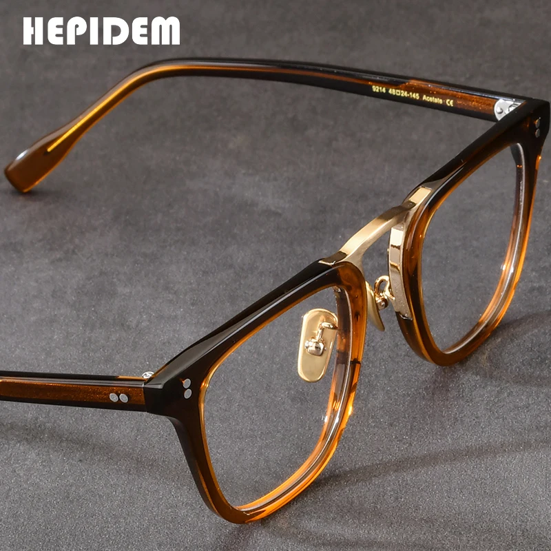 hepidem-アセテート製メガネフレーム、メンズ、ブランド、デザイナーズ、レトロなスクエア型、日本製、手作り、ヴィンテージ、オタク風メガネ、9214