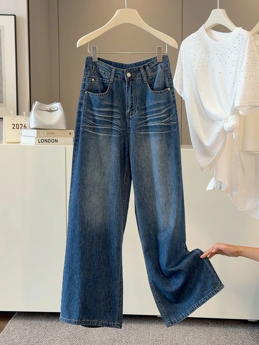 

Foamlina Jeans for Women Vintage Dark Blue Wide Leg Denim Pants 2026 Summer New Loose Casual Straight Leg Pants Daily Outfits