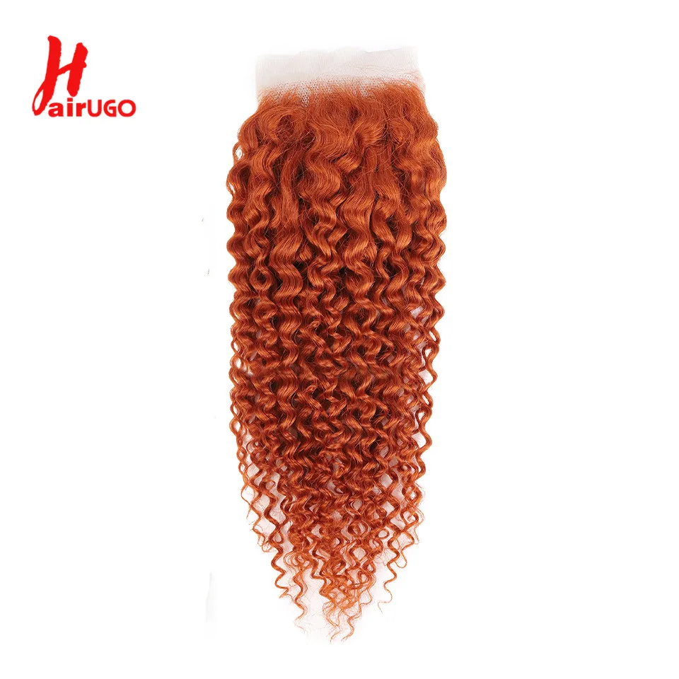 Gelombang tubuh jahe oranye 4*4 penutup rambut 10 ''-20'' HairUGo rambut manusia Brasil keriting 4x4 penutup renda dengan rambut bayi Remy