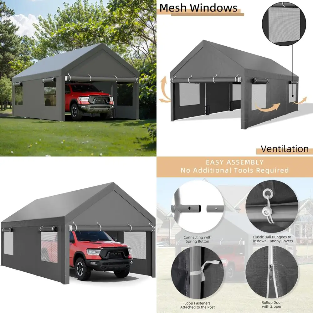 

jy qaqa carport, 12x20 ft heavy duty carport portable garage reinforced steel poles with removable sidewalls & doors,roll-up win