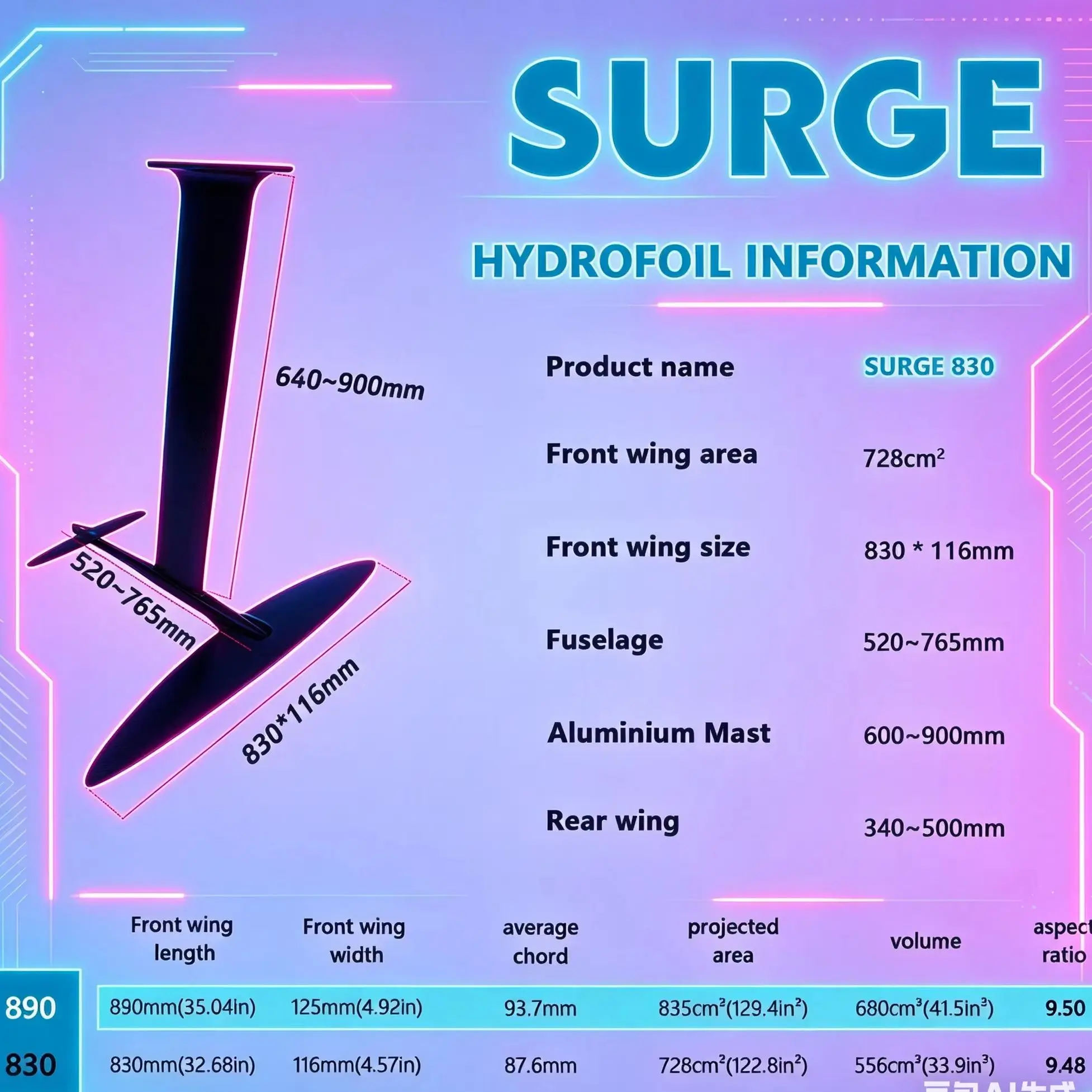 Surge 830 Hydrofoil Front Wing 728 Sqcm Wave Surfing Hydrofoil、Freestyle Wing Foil、Low Speed 、High Performance Hydrofoil Wing