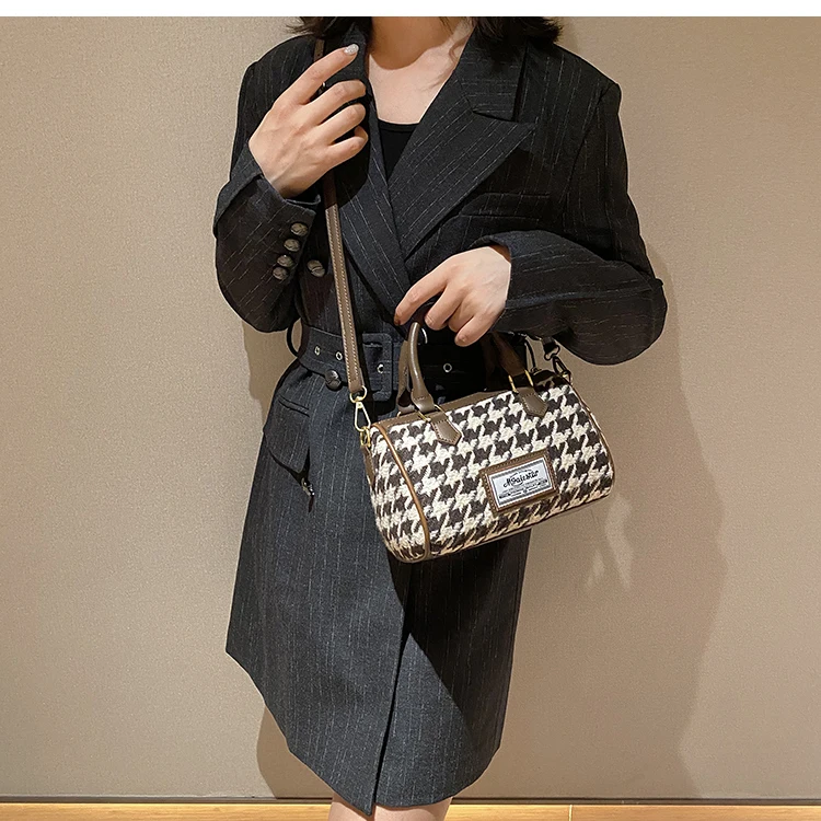 Woolen Houndstooth Crossbody Bag For Women Autumn Winter New Luxury Designer Black Female Handbag Boston Shoulder Bag