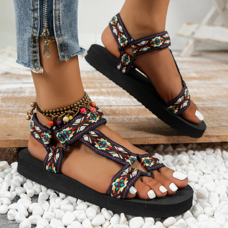 Women\'s Large Size Printed Platform Flat Sandals Adjustable Spring Summer Thin Bottom Ethnic Style Non-slip Beach Sandals