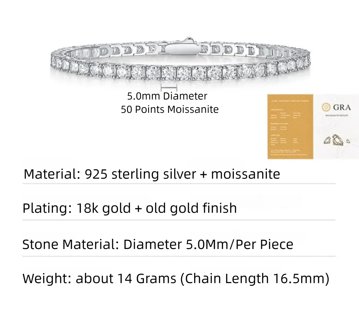 LUNYIZUAN S925 Sterling Silver Plated Gold D Color VVS Grade Moissanite Tennis Bracelet Unisex New Model