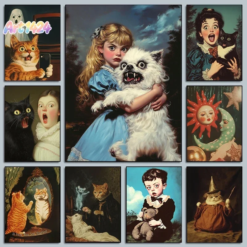 Whimsical Surreal Scary Animals Poster,Unframed Creepy Girl Holding Ugly Dog Prints Canvas Painting Wall Art for Home Room Decor