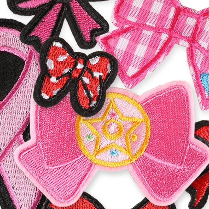 7 Stück Schleifen-Patches in Rosa und Rot, niedliche Aufbügelpatches für Kleidung, bestickte thermoadhäsive Aufkleber für Mädchen, zum Aufnähen auf Jacken, Stoffe, DIY – Detail 3