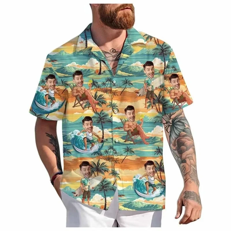 

Funy Custom Image Graphic Shirts For Men Clothes Hawaii Diy Photo 3D Print Female Lapel Blouse Personalized Design Short Sleeve