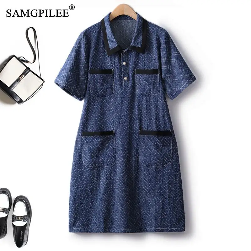 

Chic And Elegant Woman Dress 2023 Summer New Retro Hollow Denim Color Turn Down Collar French Fashion Dress For Women 4XL