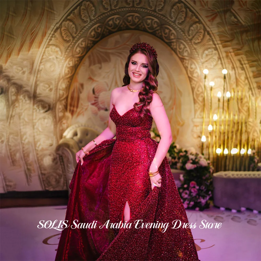 

SOLIS Burgundy Prom Dresses Strapless Sleeveless Gala Dresses with Side Split A Line Saudi Arabic Evening Party Gown Customized
