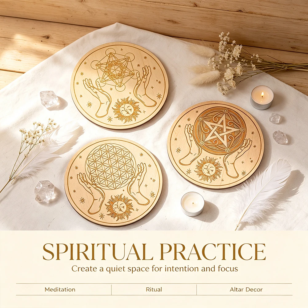 Natural Wood Crystal Display Plate Sacred Geometry Symbol Jewelry Base for Pendulum Tarot Stone Pendant Desktop Witchcraft Decor