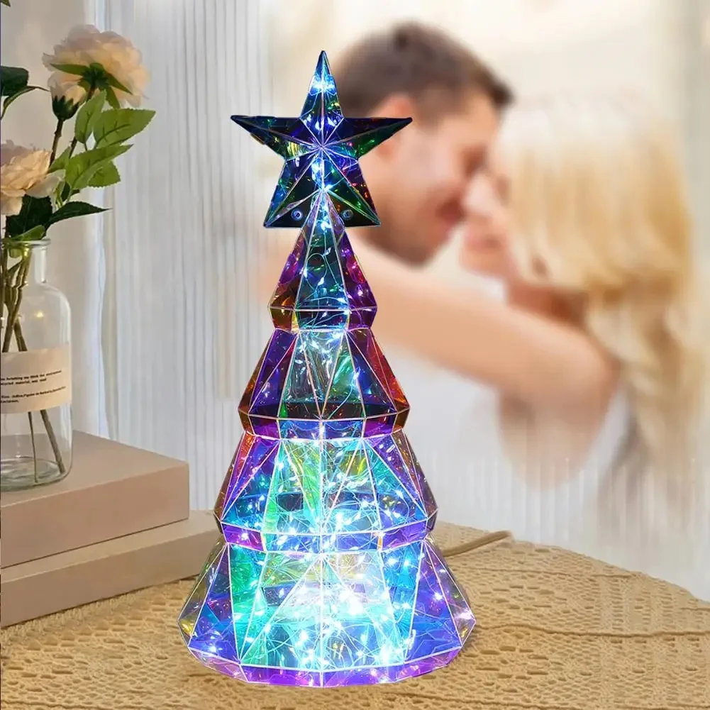 A17Z Christmas Light Ornament USB Powered Colorful Xmas Tree Figurine with Star Handmade Tabletop Centerpiece for Christmas