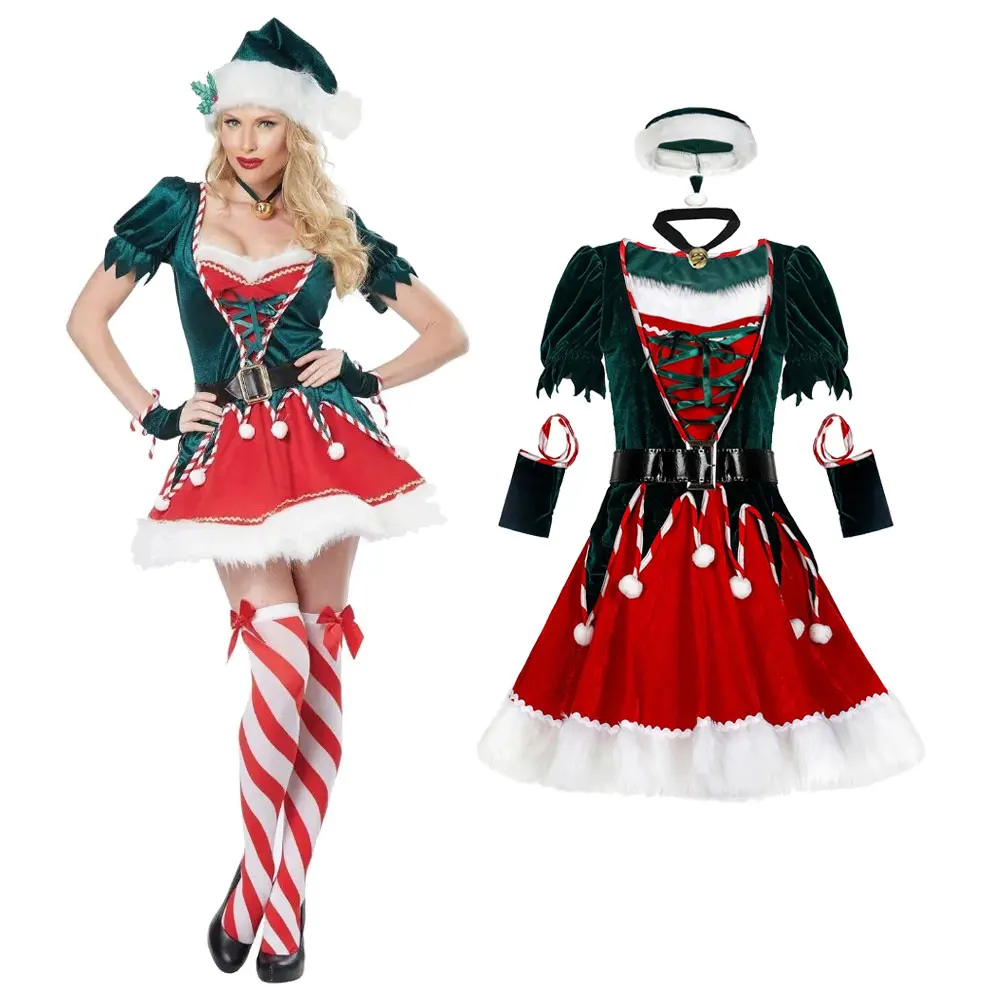 

Christmas New Year Masquerade Performance Costume Velvet Christmas Dresses Santa Claus Costume Green Elf Cosplay Sexy Dress