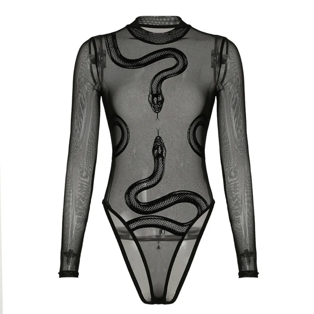 Snake Lange Mouw Kanten Jumpsuit Transparant Naadloos Mesh Dunne Shapewear Hoge Taille Romper Slim Fit Body Dames