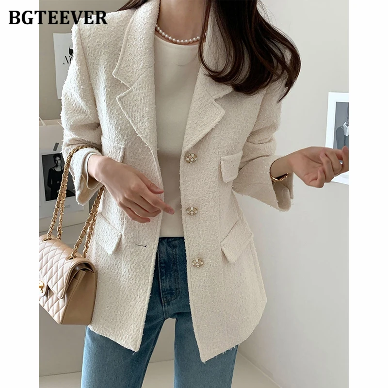BGTEEVER Spring Fashion Notched Collar Ladies Woolen Blazer Jackets Elegant Long Sleeve Single-breasted Female Suit Coats