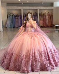 Custom Romantic Pink Butterfly Applique Quinceanera Dresses Beading Princess Ball Gown With Cape Dress vestidos de xv años