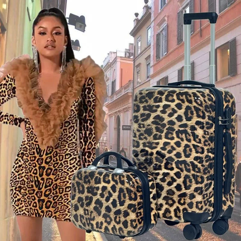 Maleta con estampado de leopardo para mujer de 20 pulgadas - Maleta con ruedas giratorias silenciosas, maleta de mano con estampado de animales salvajes para damas