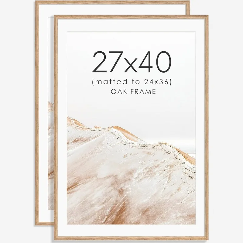

27x40 Poster Frame Set of 2 Natural Solid Oak Photo Frames with 24x36 Removable Mat Wall Hanging Large Handcrafted Frame