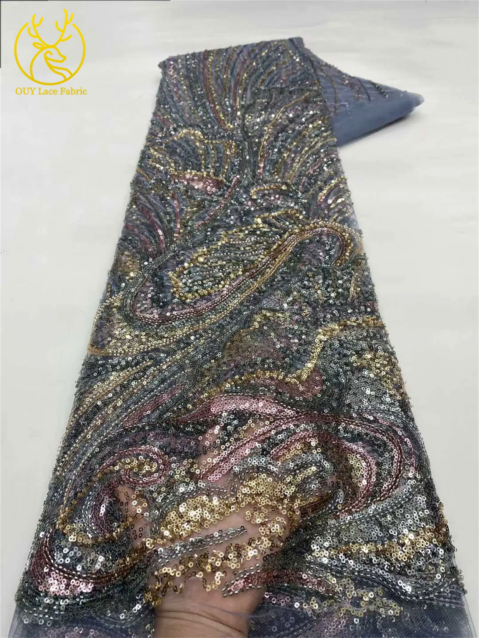 2026 Afrikanischer Perlen-Pailletten-Spitzenstoff, hochwertiger nigerianischer Tüll-Spitzenstoff, geeignet für Hochzeitskleid-Nähmaterial, 5 Yards – Detail 16