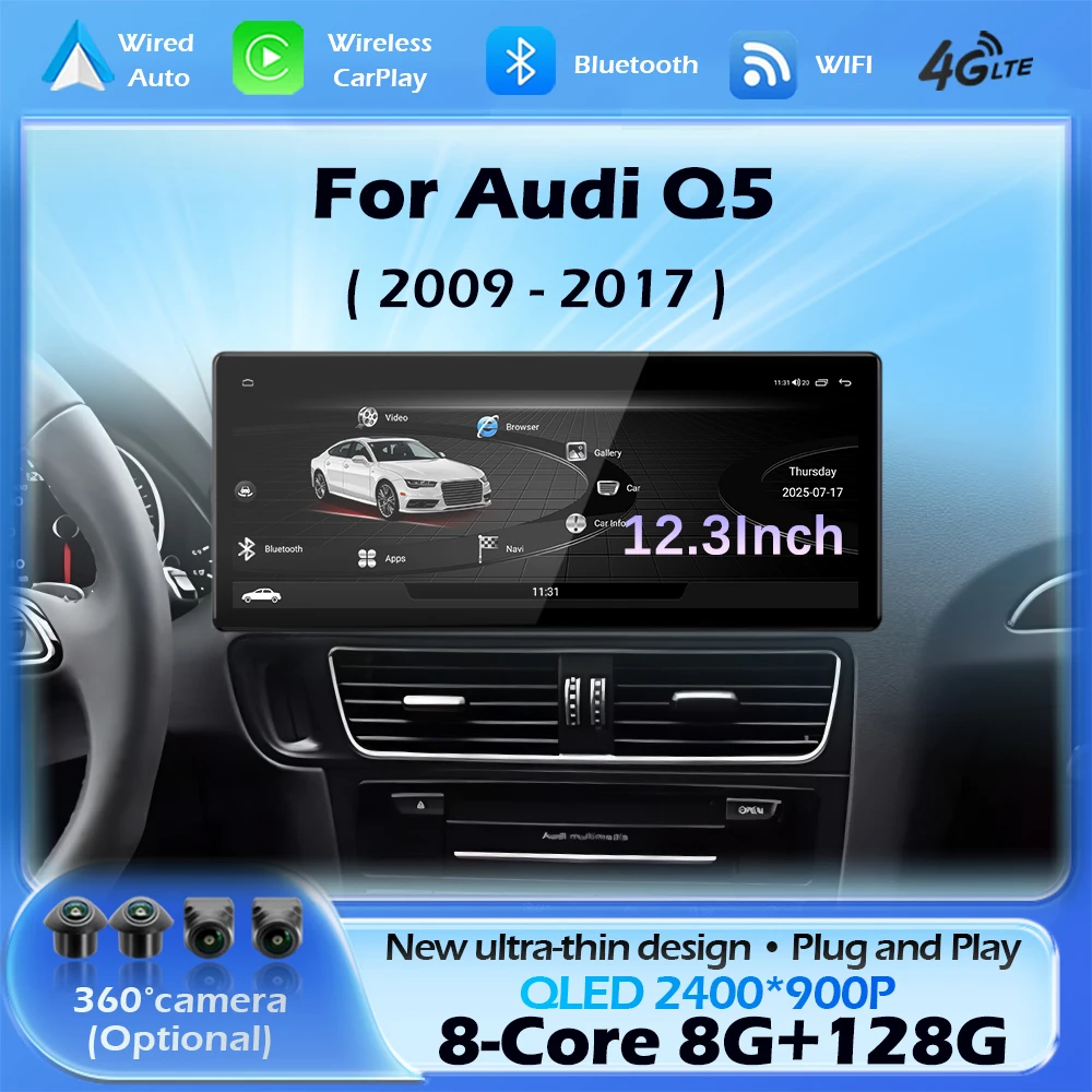 DSP Stereo Android 16 Wireless Carplay For Audi Q5 2009 - 2017 Car Radio Multimedia Player GPS Navi Ultra-thin Screen 4G WiFi BT