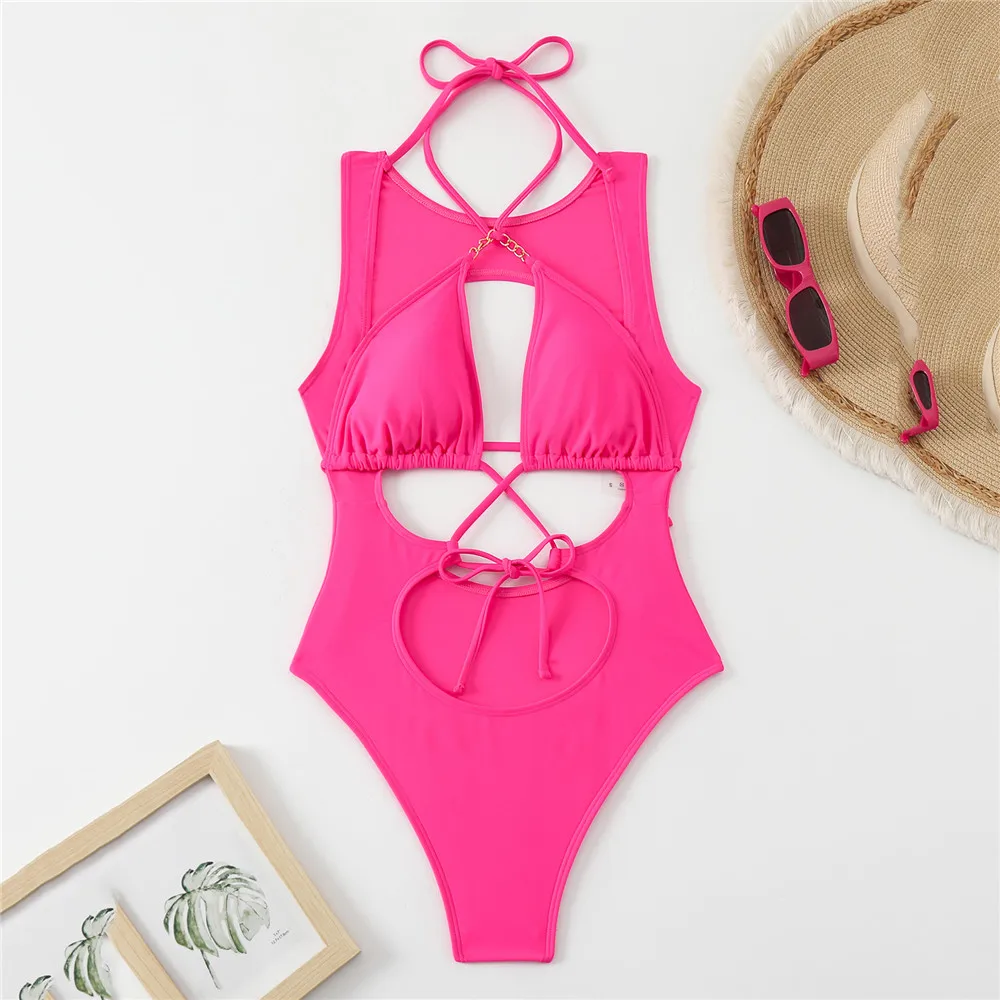 

Rose Red String Lace-up Backless Sexy Swimsuit Woman 2025 One Piece Swimwear Hollow Out Monokini High Cut Bathing Swimming Suit