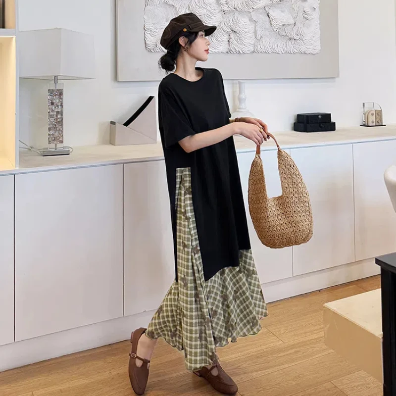 ルーズ婦人服 2025 夏プラスサイズの女性の Tシャツドレスチェック柄パッチワーク Vestidos プリント花女性ローブ KE7795