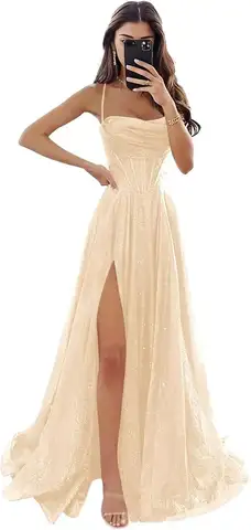 Cowl Neck Sidoslits Balklänningar för Tonåringar A-linje Glittrig Tyll Formella Aftonklänningar Formell Klänning Dam Elegant Festklänning 8 best sales semiformella klänningar för tonåringar - №1