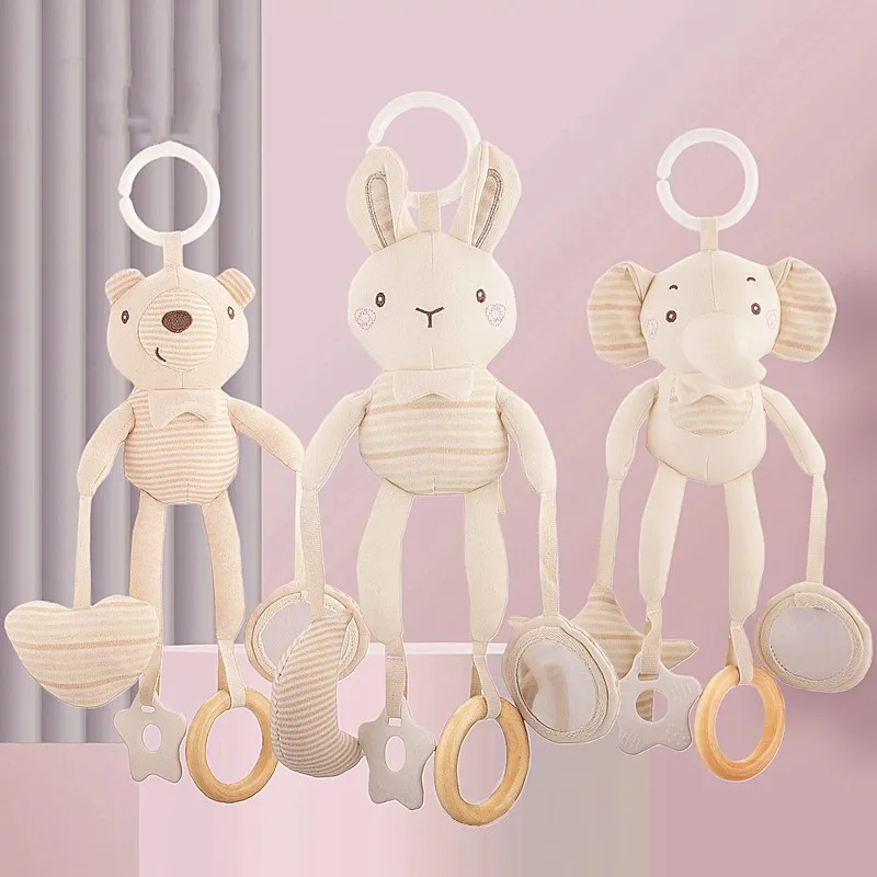 柔らかい綿のベビーベッド用ぶら下げおもちゃ、ぬいぐるみのウサギの癒し人形、歯固め付き、0〜24ヶ月の赤ちゃん用、カーシート、ベビーベッド、モバイルベル