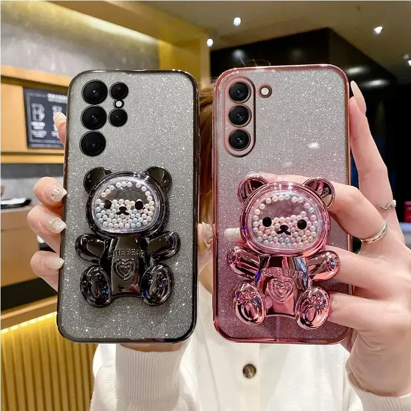 Cute Bear Bracket Plating Phone Holder Case for Funda Motorola Moto G85 G84 G83 G04 G14 G24 G34 G54 G73 E14 Clear Stand Cover