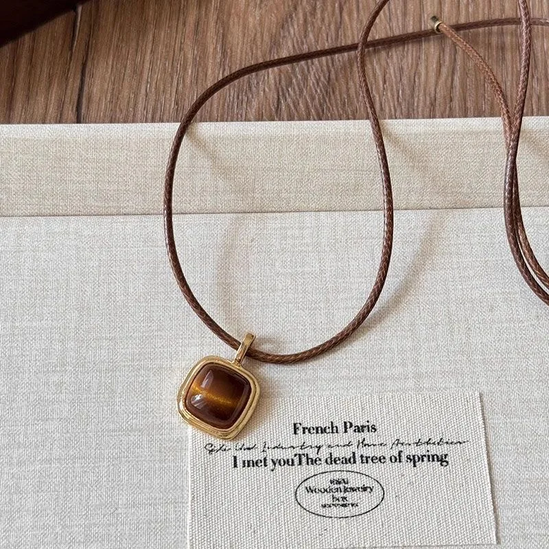 Vintage Leder braun Stein Sonne Anhänger Perlen Halsband Schlüsselbein Kette Halskette für Frauen einzigartige Y2K personalisierte Grunge Schmuck
