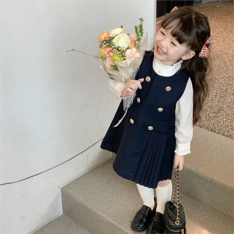 

2024 1-7 Year Spring Baby Girl 2PCS Clothes Set Round Neck Solid Color Versatile Shirt Button Draped Dress Suit Kid Girl Outfits