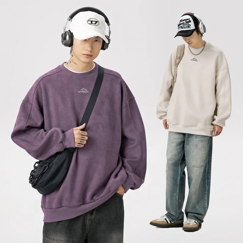 2025 Men's Suede Sweatshirt Heavyweight Retro Split Design Embroidered Streetwear Core Round Neck Spring Urban Aesthetic Top
