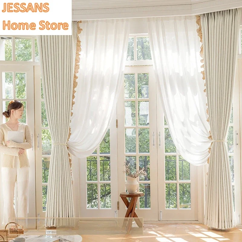 

Customized Size Embossed Milk White High-end Light Luxury French Cream Style Curtains Bedroom Living Room Whole House Decoration