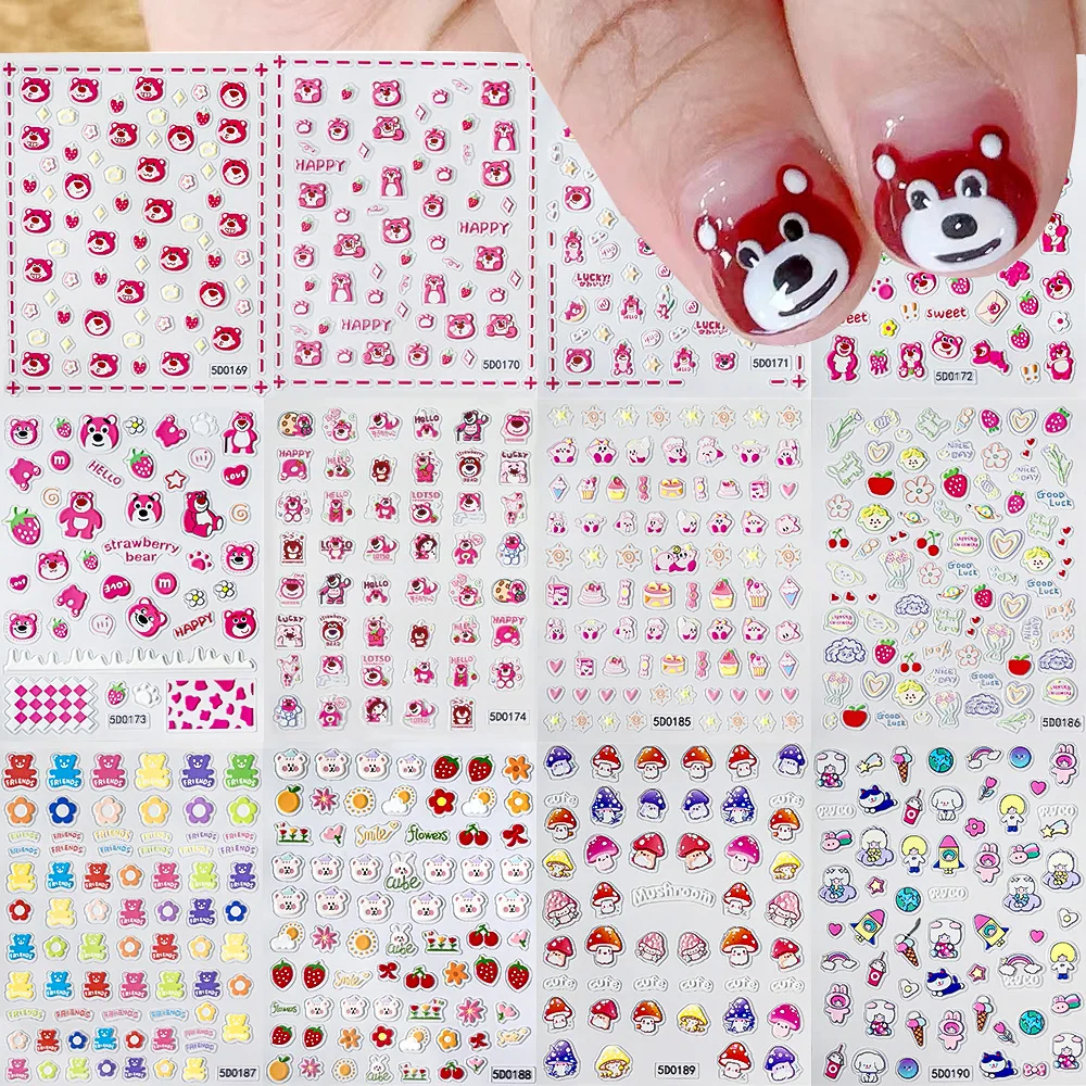 1 pz Kawaii Strawberry Bear Cartoon 5D Nail Art Stickers Anime Cute Bears Nail Decal Slider Nail Art forniture fai da te Nail Decoratio