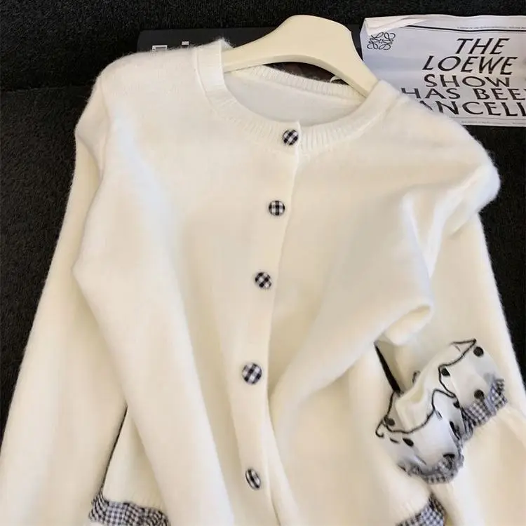 الكورية الحلو الدانتيل تقسم محبوك سترة سترة المرأة الخريف الشتاء فضفاض كسول Sle ort أعلى جولة Ne Long Sve #4