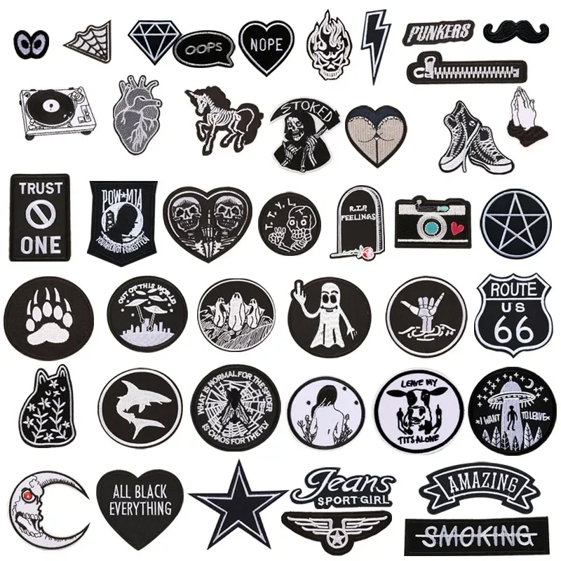 1pc Black White Biker Patches for Clothes Iron on Clothing Letter Appliques Skull Star Stripes Embroidered Sticker Round Badge