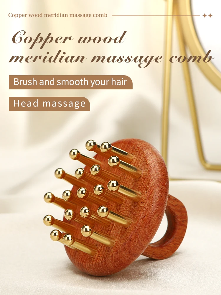 Free custom logo Head massager meridian brush Wooden comb copper wood guasha comb lady scalp care combs guasha board hair brush