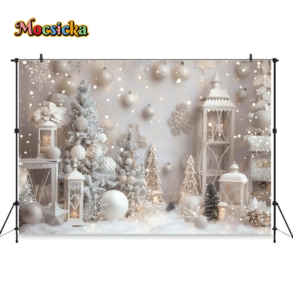 White Christmas Photography Background Silver Xmas Tree Decor Ball Lantern Shiny Backdrop Kid Winter Dreamy Birthday Party Photo