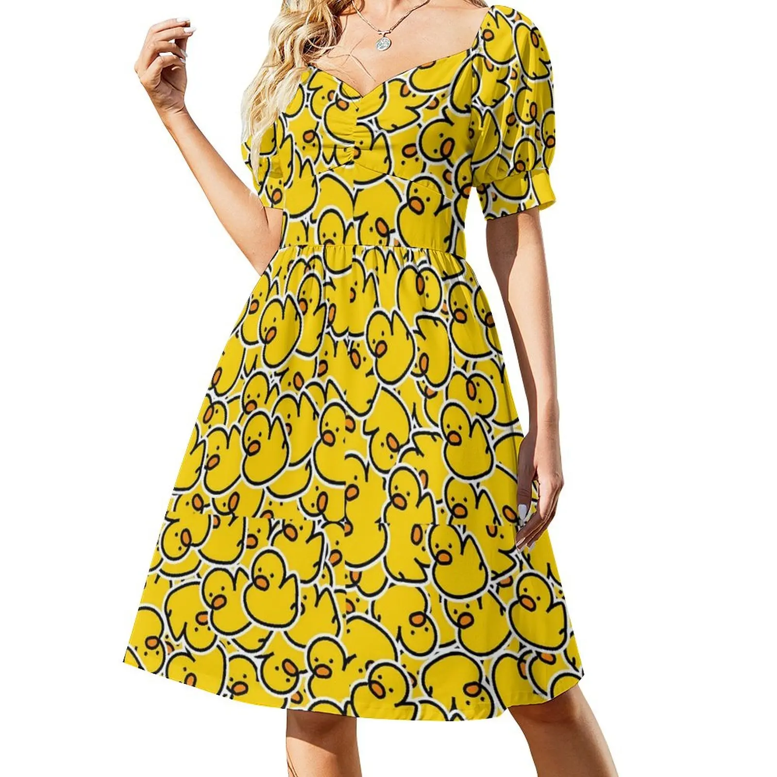 Bunch of Rubber Ducks Dress Yellow Animal Pretty Dresses Woman Short Sleeve Aesthetic Casual Dress V Neck Oversized Vestido