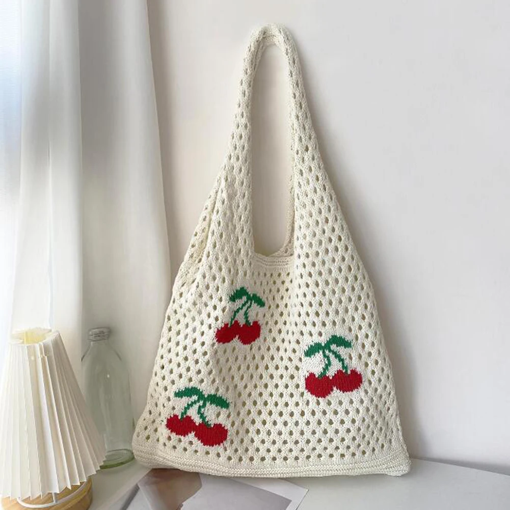 Strawberry Cherry Woven Shoulder Bag for Women Large Shopping Bag 2024 Raffia Sumer Beach Bag Bohemian Crochet Tote Knitting Bag