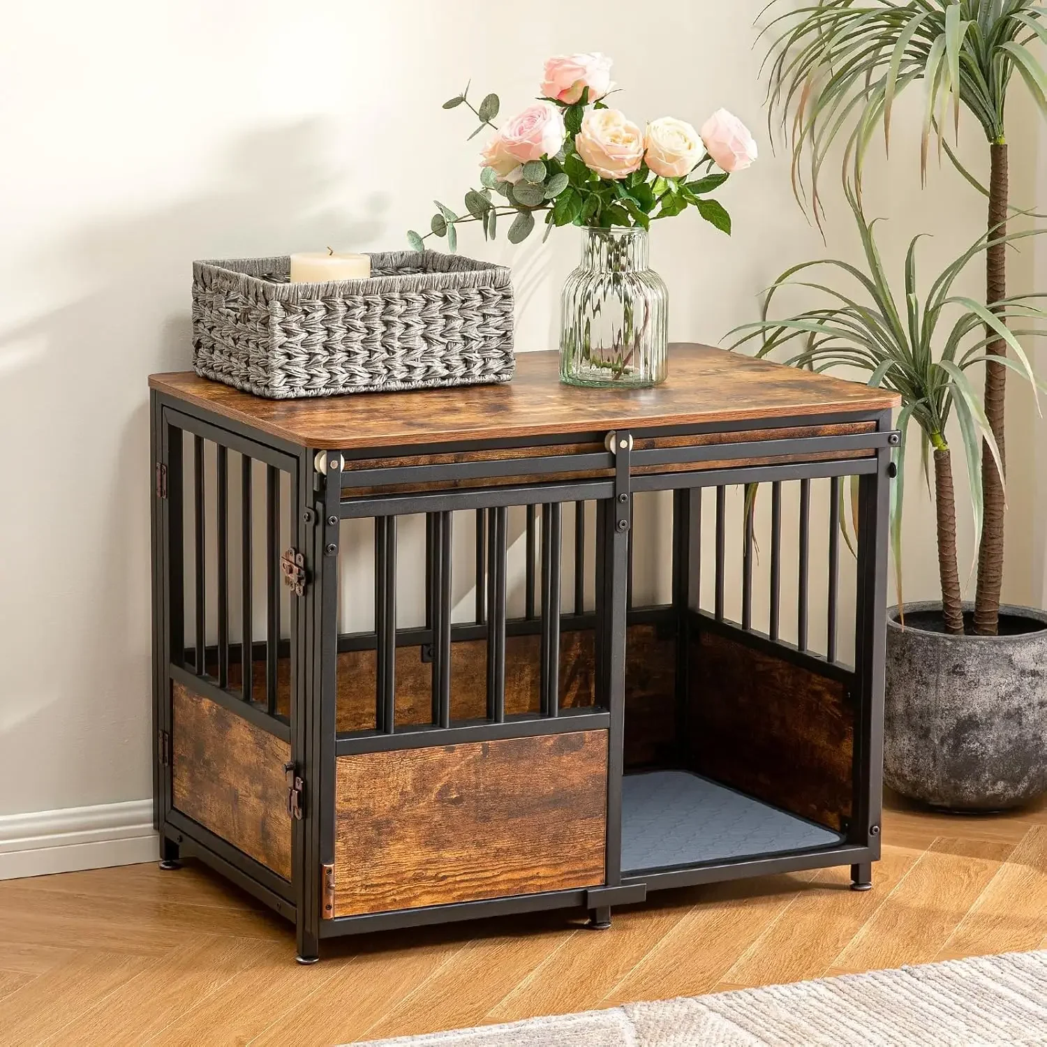 

32 Inch Dog Crate Furniture with Cushion for Large Medium Dogs, Wooden Heavy Duty Dog Kennel with Double Doors, Decorative Pet H