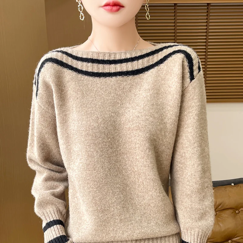 

Осенне-зимний женский свитер с круглым вырезом из 100% чистой шерсти, свободный по цвету и тонкая шерстяная трикотажная нижняя рубашка