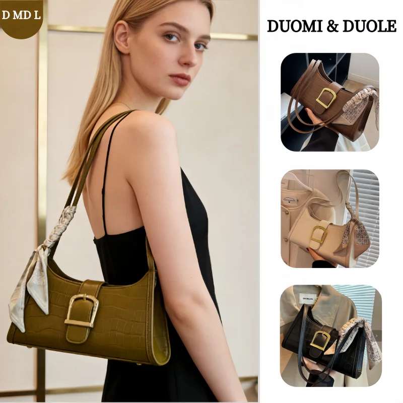 

2026 Spring Retro Luxury Olive Green Crocodile Embossed PU Fabric Baguette Underarm Bag Women's Silk Scarf Charm Golden D-shaped