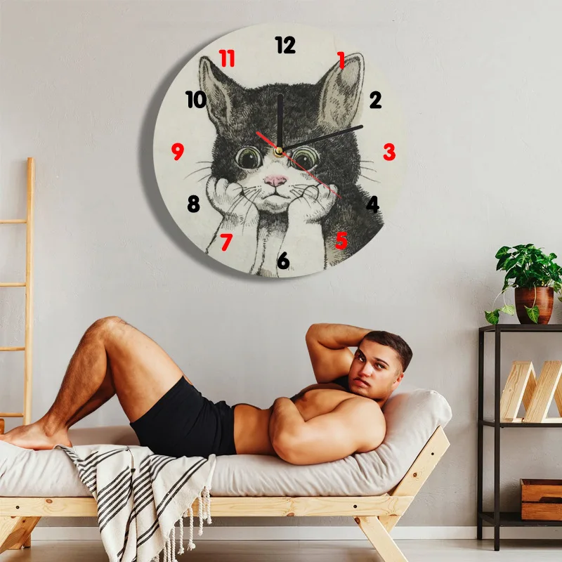 Yuko Higuchi Cat Wall Clock Hand-painted Quartz Hanging Clock Silent Wall Decor Original Design Animal Painting for Home Decor