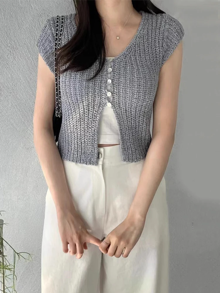 

Chic Summer Women's Knitwear V-Ne ort Sve Hollow out Design Slimming Open Split Sle Commute Faion Korean Version