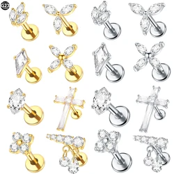 1Pc Titanium Internally Threaded Zircon Flower Labret Piercing Lip Ring Earring Tragus Flat Back Helix Piercing Body Jewelry