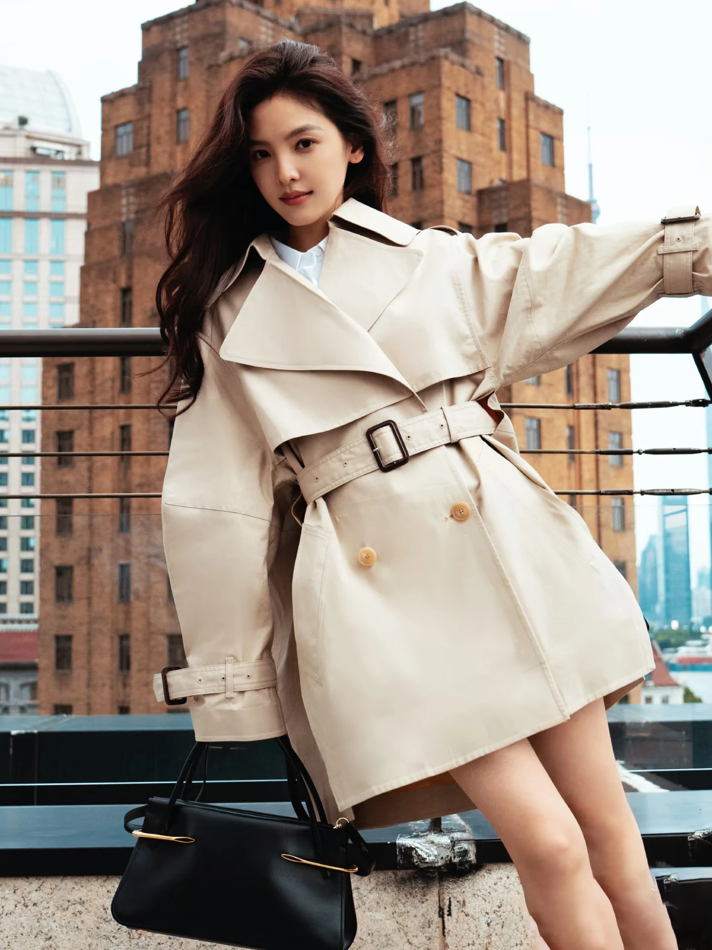 معطف نسائي كاكي طويل خندق 25 خريف شتاء فضفاض للتخسيس معطف أنيق #1