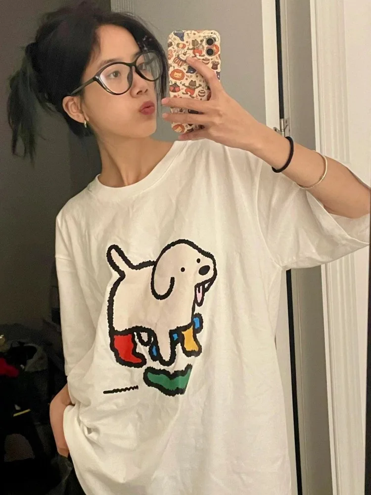 

Cute Socks Puppy Printed T-shirt for Women Retro Style Summer Fashion Trend Casual Comfy Pure Cotton Couple Short Sleeve Top