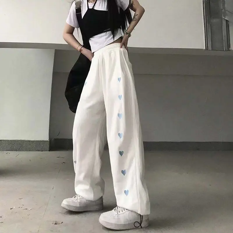 

2023 New Autumn Winter Fashion Women Pants Elastic Waist Love Simple Strap Trousers Casual Loose High Waist Slim Wide Leg Pants