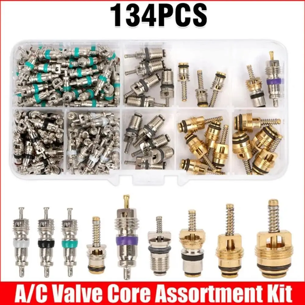 134Pcs Car Air Conditioner Valve Cores Assortment A/C AC Shrader Valve Core & Tool R134 R12 HVAC Valves Kit Car Accessories