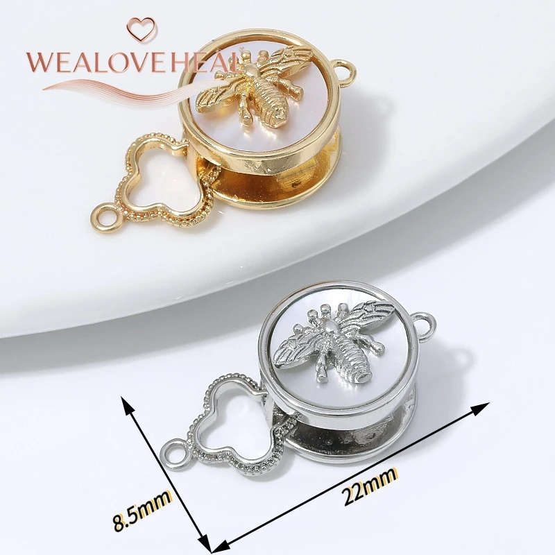 armband verschluss, 1/2 Stück 18K vergoldeter Messing-Bienenverschluss, mit Honigbienen-Motiv auf Muschel, Druckknopfverschluss mit Kleeblatt-Endstück für DIY-Perlenschmuckzubehör – Detail 16